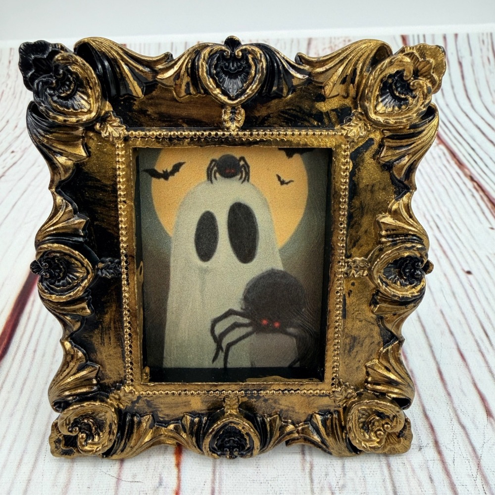Handmade Ghost Spider Art Print Ornate Gold Resin Frame Halloween Decor